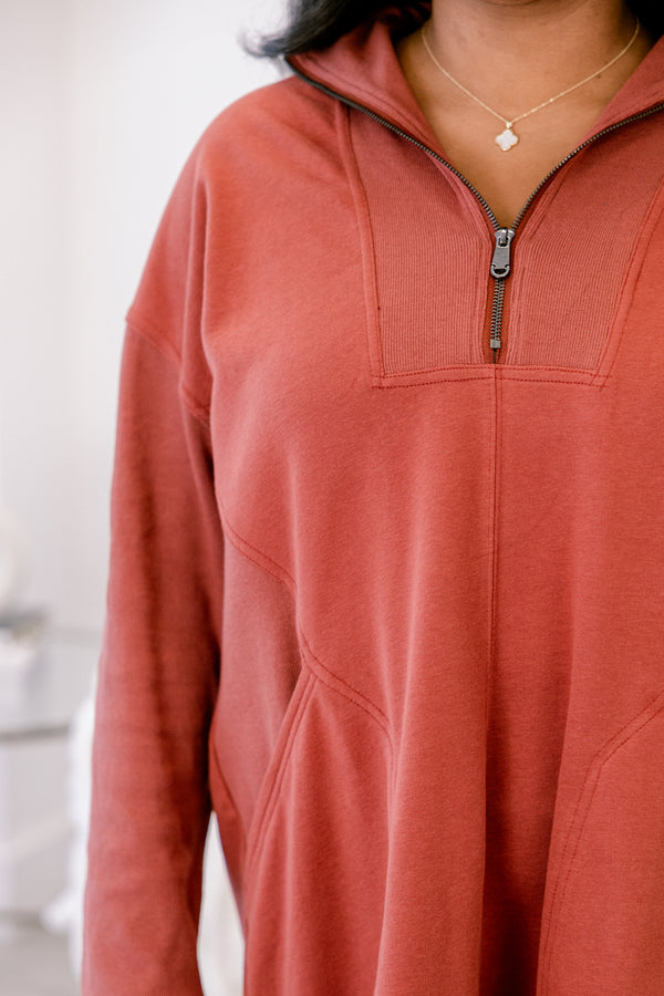 Chic Soul plus size clothing, brick red long sleeve 1/4 zip sweatshirt dress