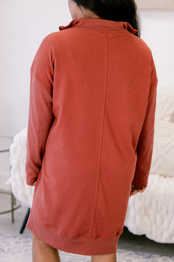 Chic Soul plus size clothing, brick red long sleeve 1/4 zip sweatshirt dress