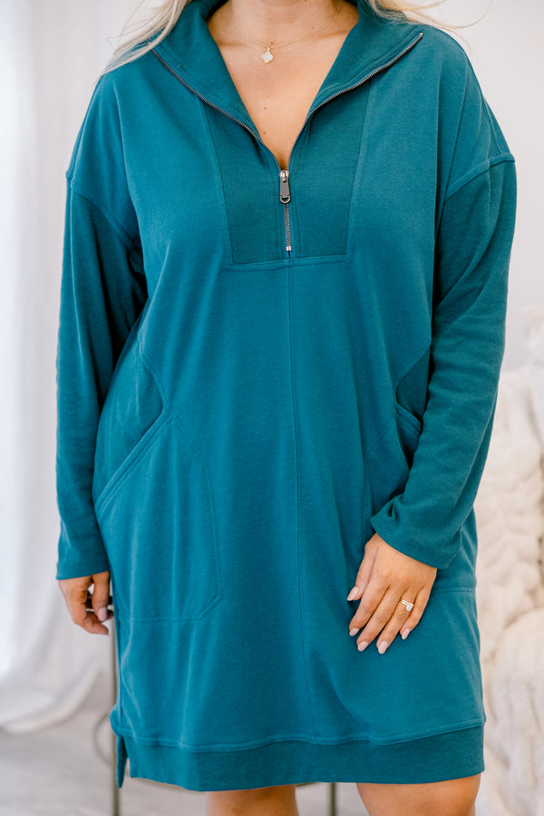 Chic Soul plus size clothing, dark teal long sleeve quarter zip sweatshirt dress with side pockets