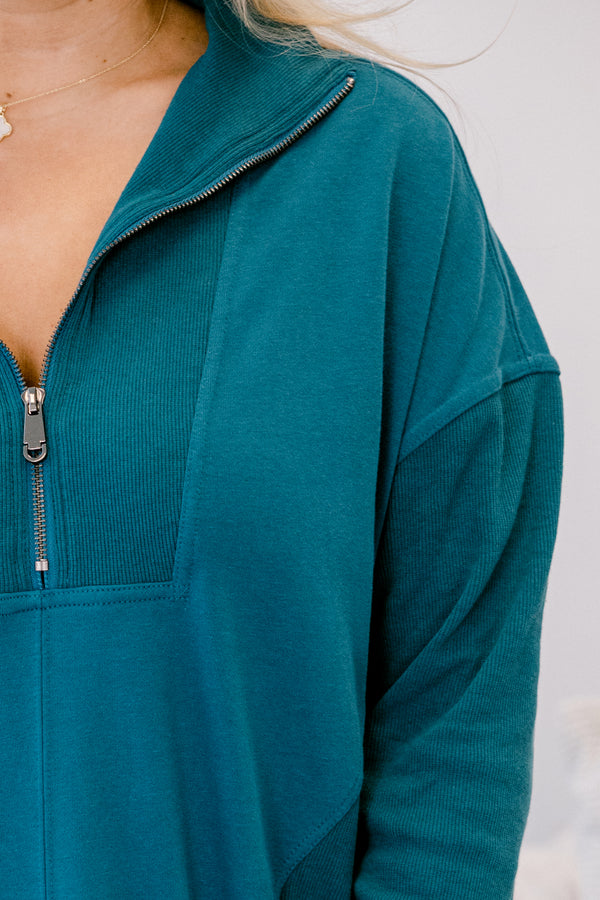 Chic Soul plus size clothing, dark teal long sleeve quarter zip sweatshirt dress with side pockets