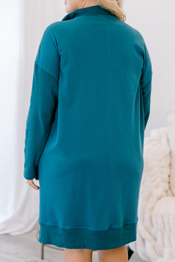 Chic Soul plus size clothing, dark teal long sleeve quarter zip sweatshirt dress with side pockets