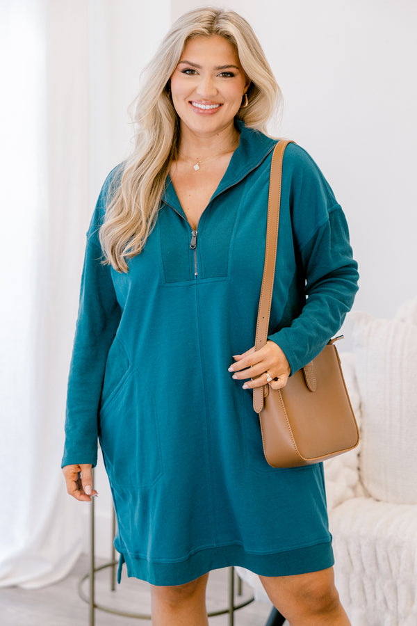 Chic Soul plus size clothing, dark teal long sleeve quarter zip sweatshirt dress with side pockets