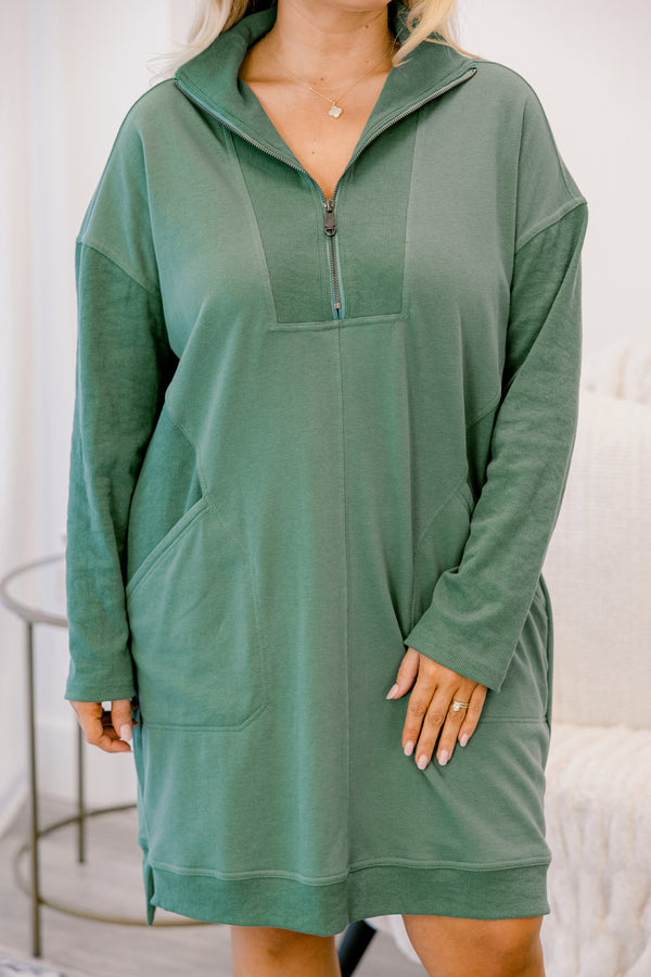 Chic Soul plus size clothing, green long sleeve 1/4 zip sweatshirt dress