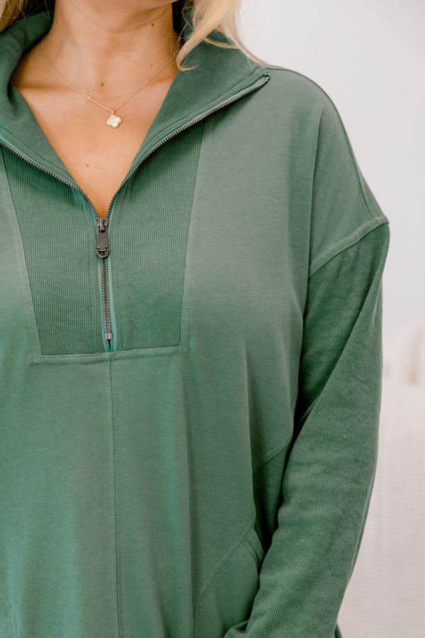 Chic Soul plus size clothing, green long sleeve 1/4 zip sweatshirt dress