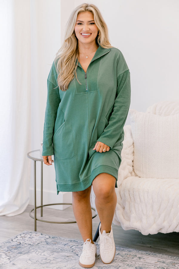 Chic Soul plus size clothing, green long sleeve 1/4 zip sweatshirt dress