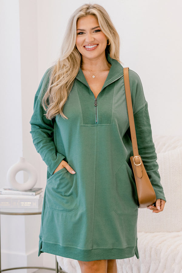 Chic Soul plus size clothing, green long sleeve 1/4 zip sweatshirt dress