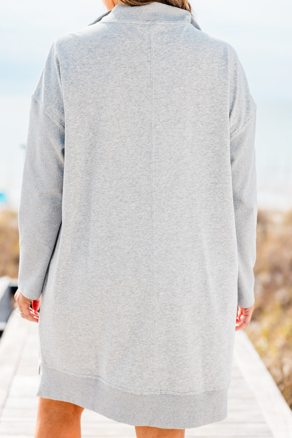 Chic Soul plus size clothing,  heather gray sweatshirt dress with long sleeves and zipper that goes down to the chest
