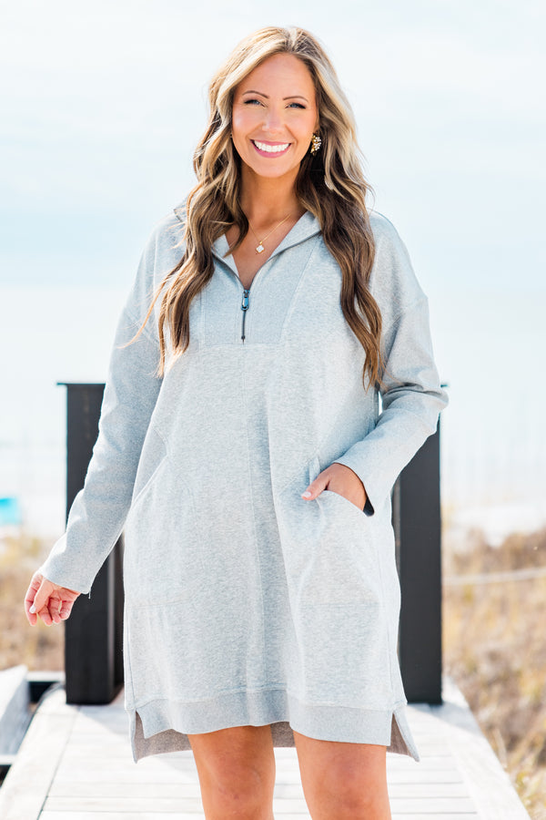 Chic Soul plus size clothing,  heather gray sweatshirt dress with long sleeves and zipper that goes down to the chest