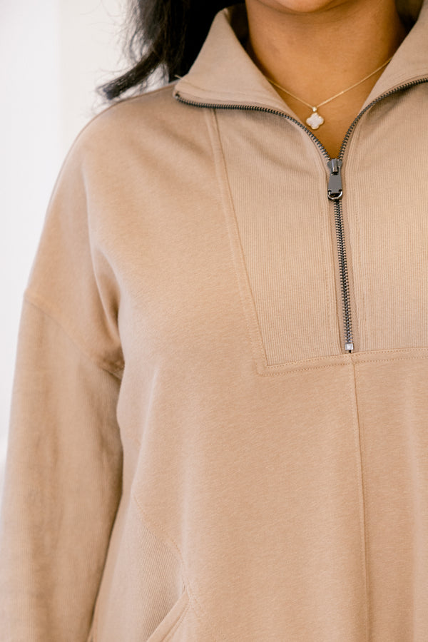 Chic Soul plus size clothing, light brown long sleeve quarter zip short dress with side pockets