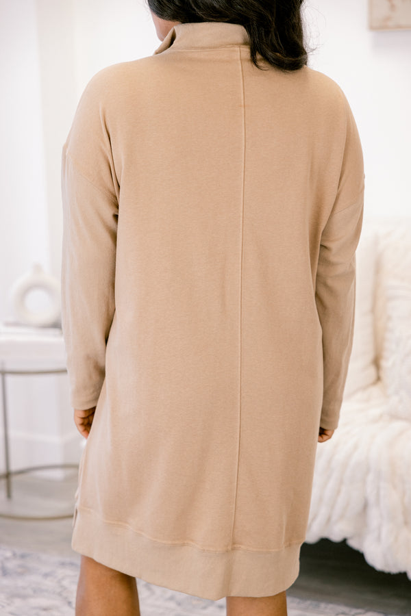 Chic Soul plus size clothing, light brown long sleeve quarter zip short dress with side pockets