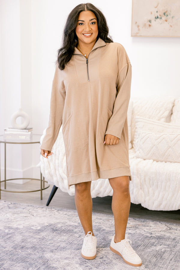 Chic Soul plus size clothing, light brown long sleeve quarter zip short dress with side pockets