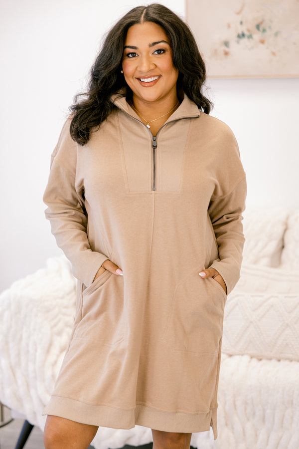 Chic Soul plus size clothing, light brown long sleeve quarter zip short dress with side pockets