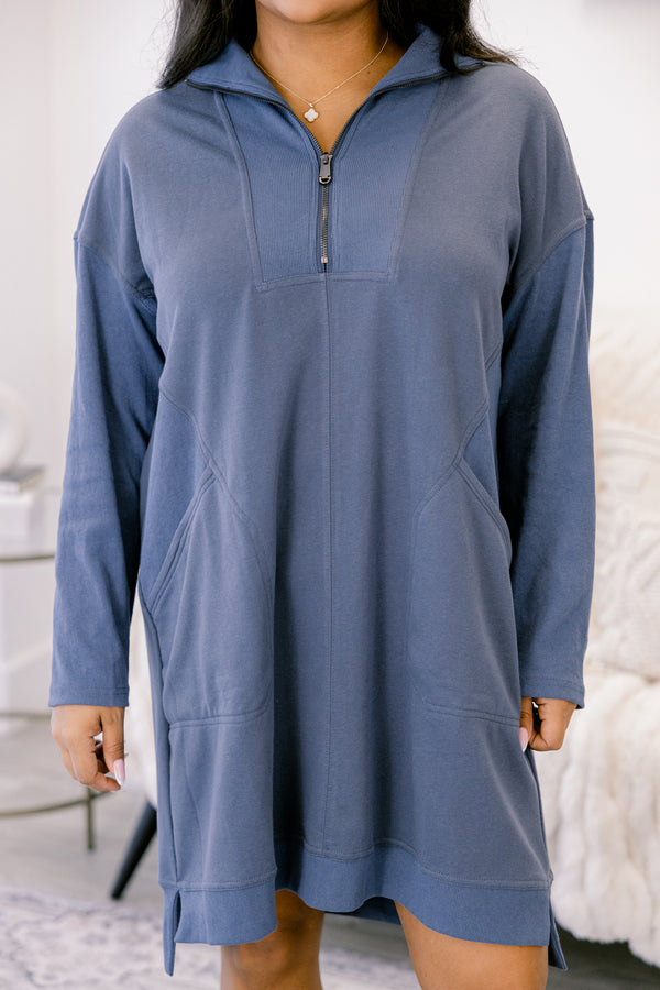 Chic Soul plus size clothing, light washed navy long sleeve 1/4 zip sweatshirt dress