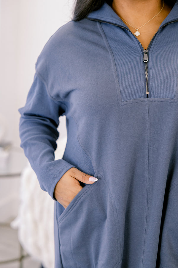 Chic Soul plus size clothing, light washed navy long sleeve 1/4 zip sweatshirt dress