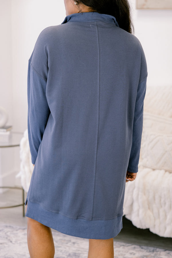Chic Soul plus size clothing, light washed navy long sleeve 1/4 zip sweatshirt dress