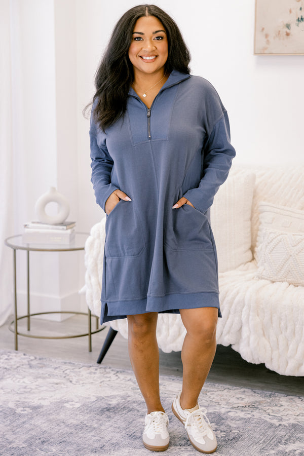 Chic Soul plus size clothing, light washed navy long sleeve 1/4 zip sweatshirt dress