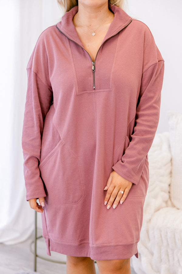 Chic Soul plus size clothing, mauve pink long sleeve 1/4 zip sweatshirt dress with collar and front pockets