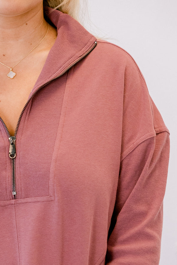 Chic Soul plus size clothing, mauve pink long sleeve 1/4 zip sweatshirt dress with collar and front pockets