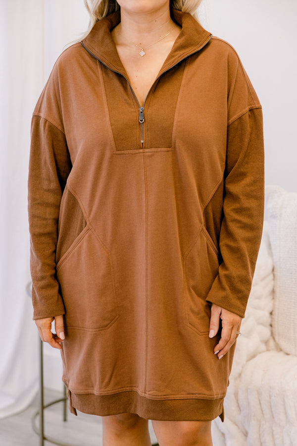 Chic Soul plus size clothing, mocha brown long sleeve quarter zip sweatshirt dress with side pockets
