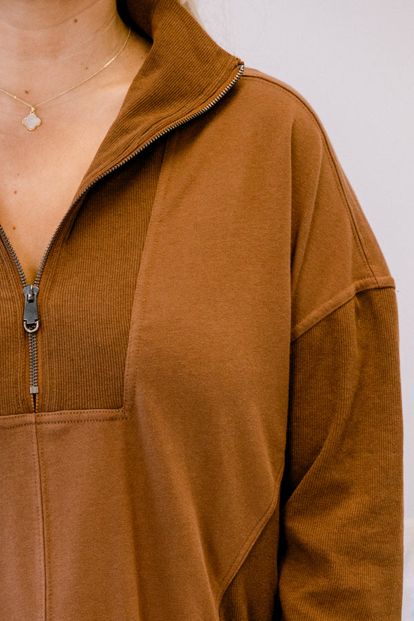 Chic Soul plus size clothing, mocha brown long sleeve quarter zip sweatshirt dress with side pockets