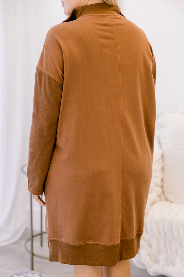 Chic Soul plus size clothing, mocha brown long sleeve quarter zip sweatshirt dress with side pockets