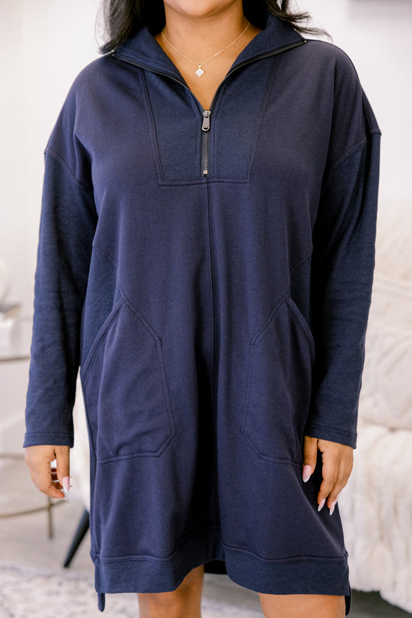 Chic Soul plus size clothing, navy blue long sleeve quarter zip sweatshirt dress with side pockets