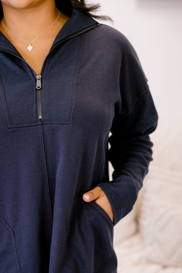 Chic Soul plus size clothing, navy blue long sleeve quarter zip sweatshirt dress with side pockets