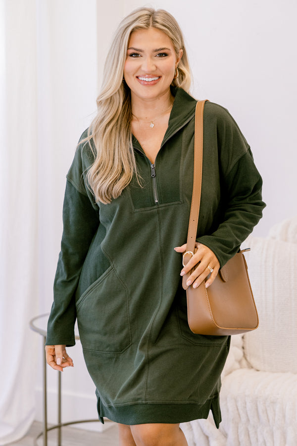 Chic Soul plus size clothing, olive green long sleeve 1/4 zip sweatshirt dress
