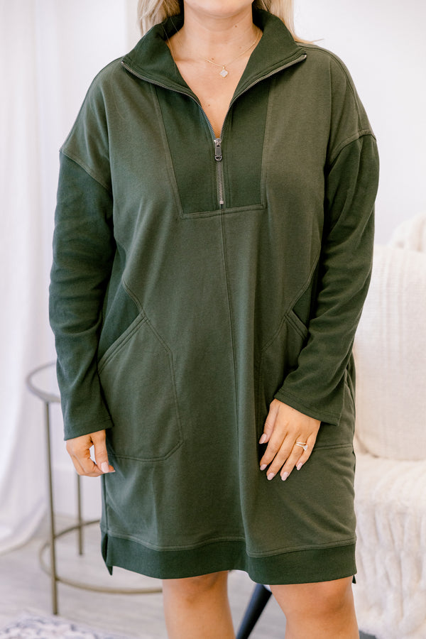 Chic Soul plus size clothing, olive green long sleeve 1/4 zip sweatshirt dress
