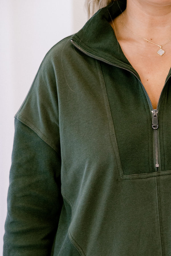 Chic Soul plus size clothing, olive green long sleeve 1/4 zip sweatshirt dress