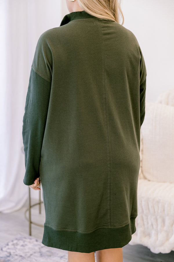 Chic Soul plus size clothing, olive green long sleeve 1/4 zip sweatshirt dress
