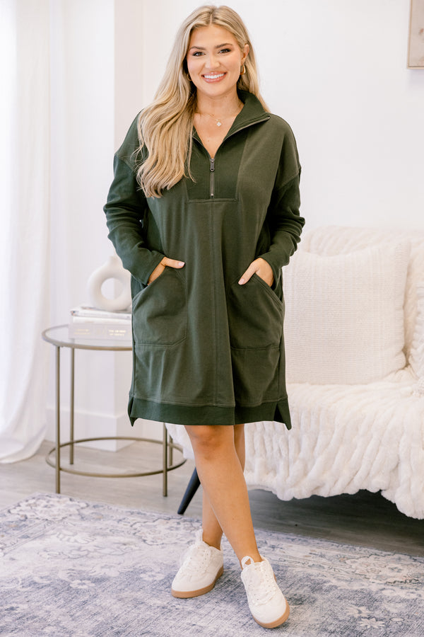 Chic Soul plus size clothing, olive green long sleeve 1/4 zip sweatshirt dress