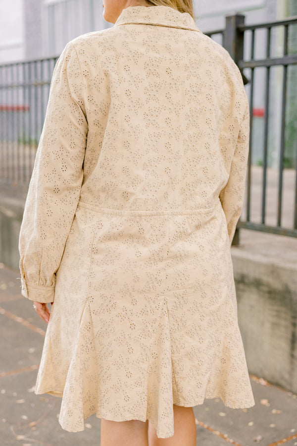 Chic Soul plus size clothing, tan long sleeve knee length button up dress with embroidery details, a collar, and a tie waist