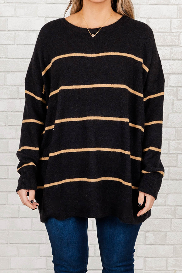 Chic Soul plus size clothing, black knitted oversized sweater with brown stripes