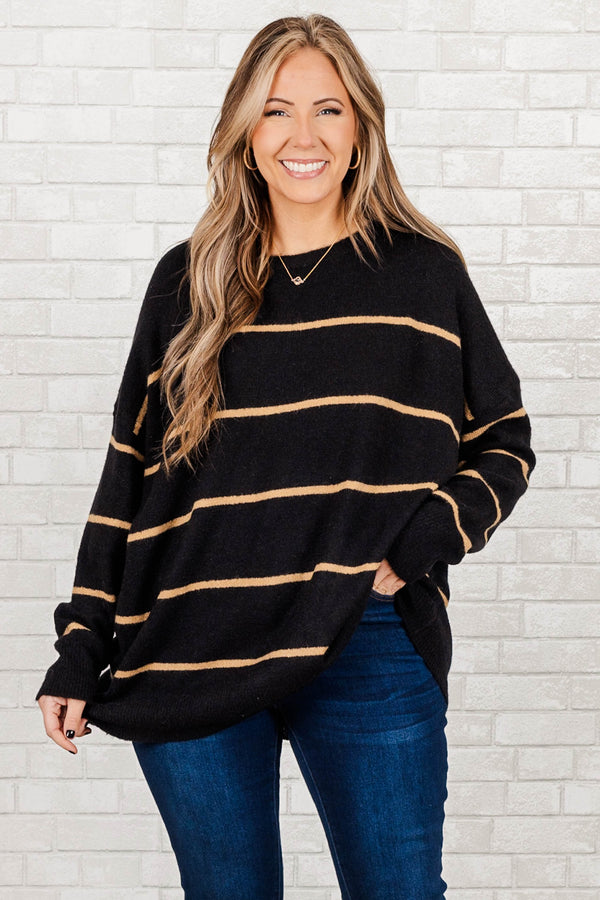 Chic Soul plus size clothing, black knitted oversized sweater with brown stripes