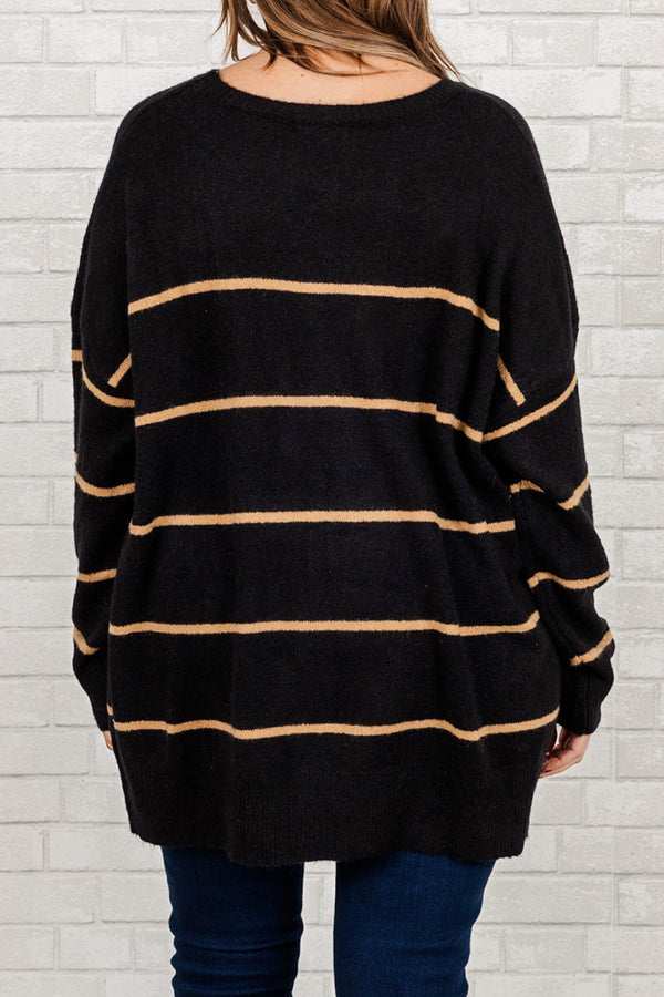 Chic Soul plus size clothing, black knitted oversized sweater with brown stripes