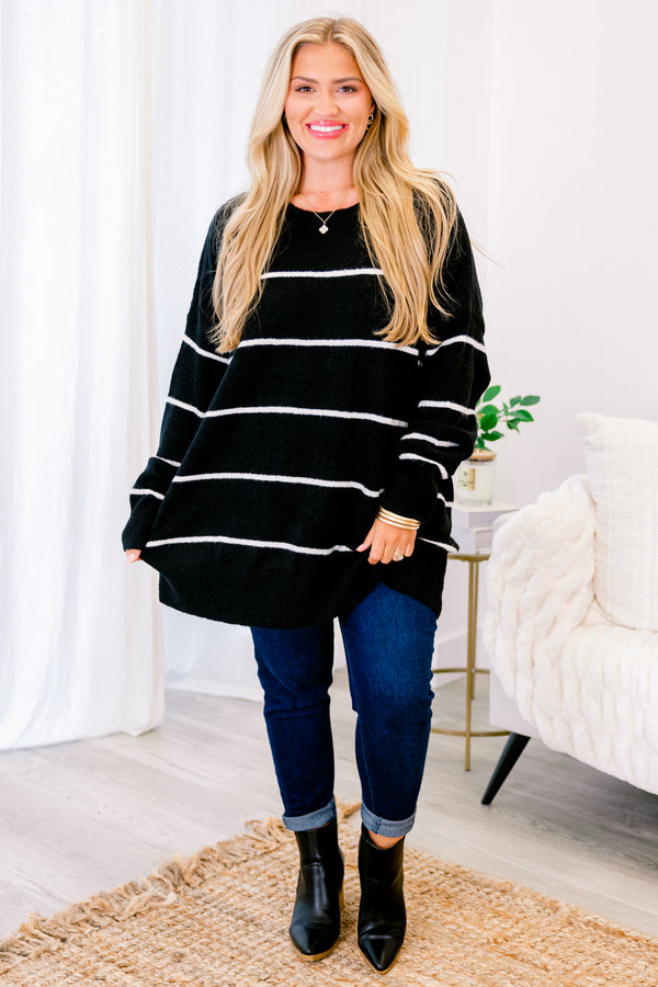 top, sweater, long sleeve, striped, cozy, black, cream