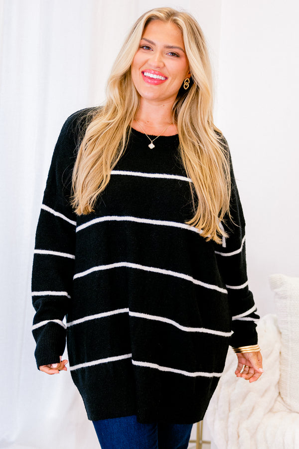 top, sweater, long sleeve, striped, cozy, black, cream
