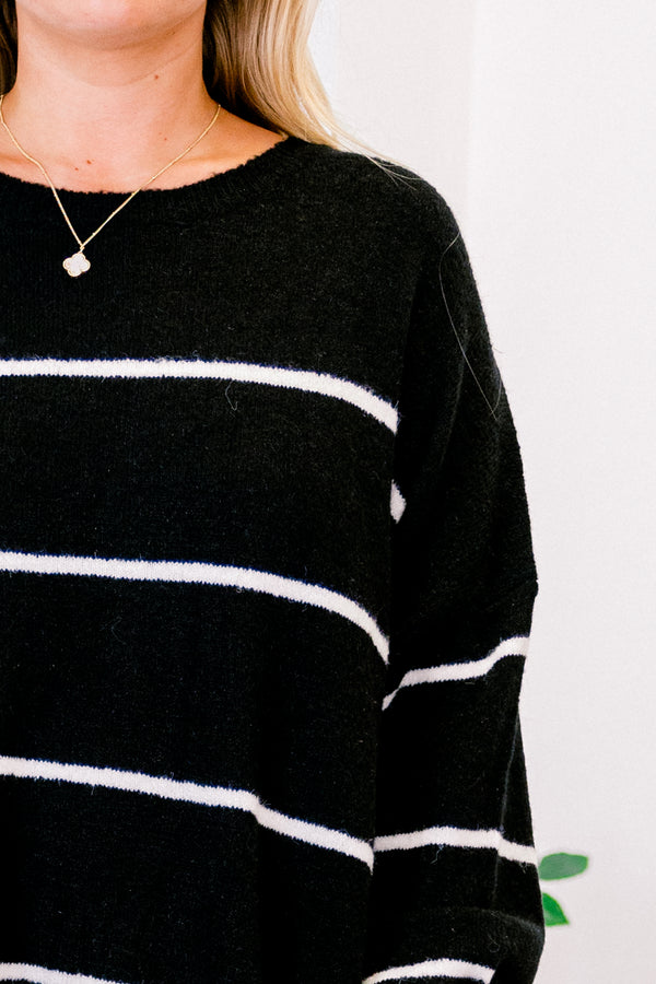 top, sweater, long sleeve, striped, cozy, black, cream