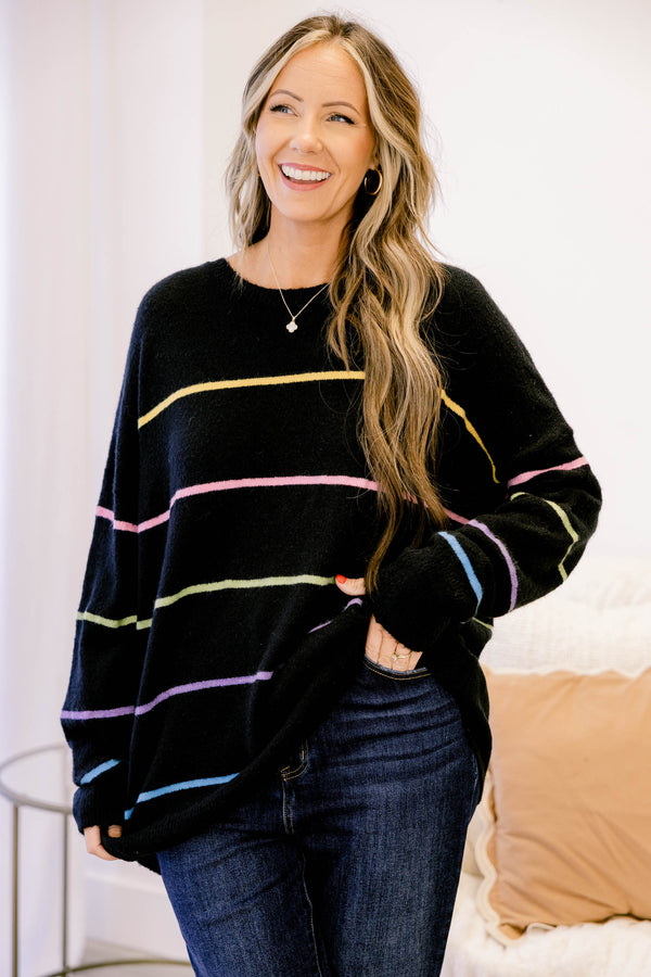Chic Soul plus size clothing, black long sleeve sweater with bright multi colored thin horizontal stripes