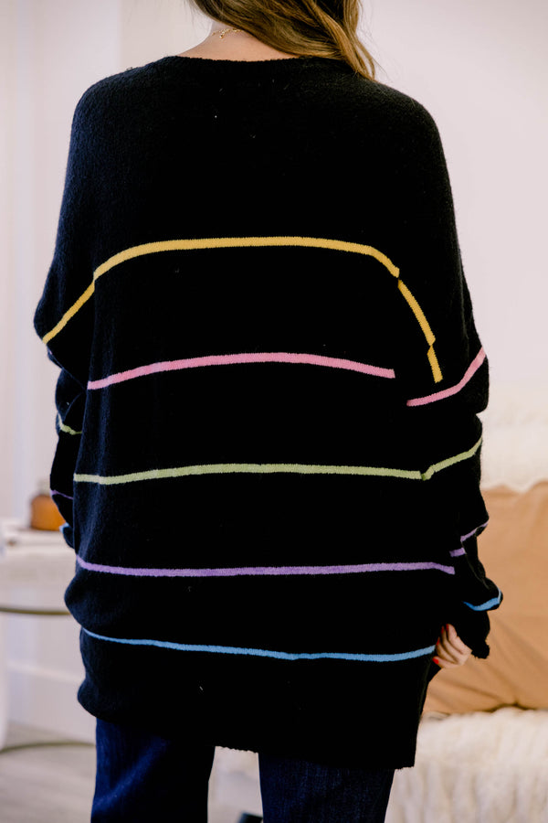 Chic Soul plus size clothing, black long sleeve sweater with bright multi colored thin horizontal stripes