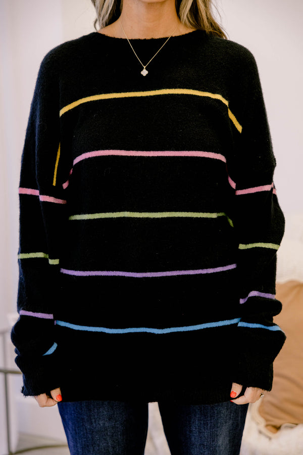 Chic Soul plus size clothing, black long sleeve sweater with bright multi colored thin horizontal stripes