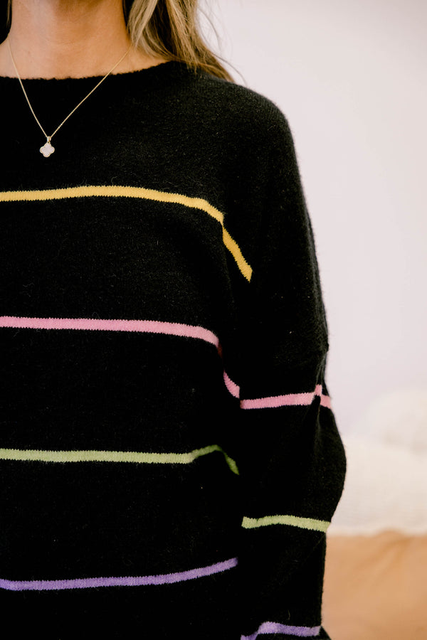 Chic Soul plus size clothing, black long sleeve sweater with bright multi colored thin horizontal stripes