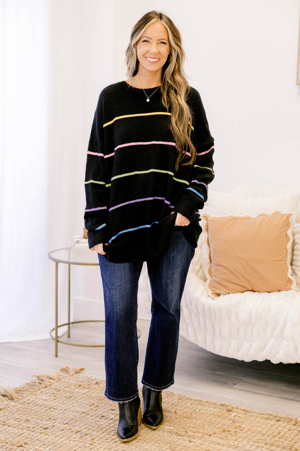 Chic Soul plus size clothing, black long sleeve sweater with bright multi colored thin horizontal stripes
