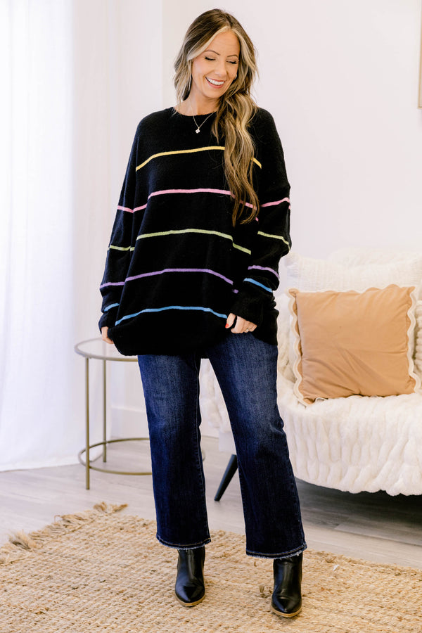 Chic Soul plus size clothing, black long sleeve sweater with bright multi colored thin horizontal stripes