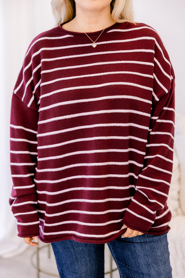 Chic Soul plus size clothing, burgundy long sleeve crew neck sweater with thin white horizontal stripes