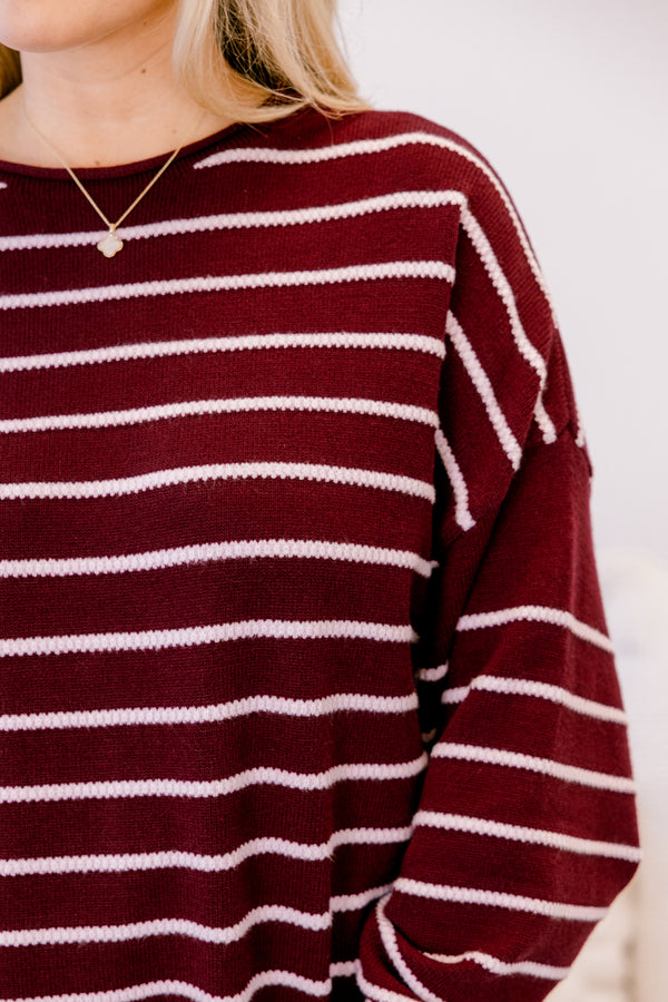 Chic Soul plus size clothing, burgundy long sleeve crew neck sweater with thin white horizontal stripes