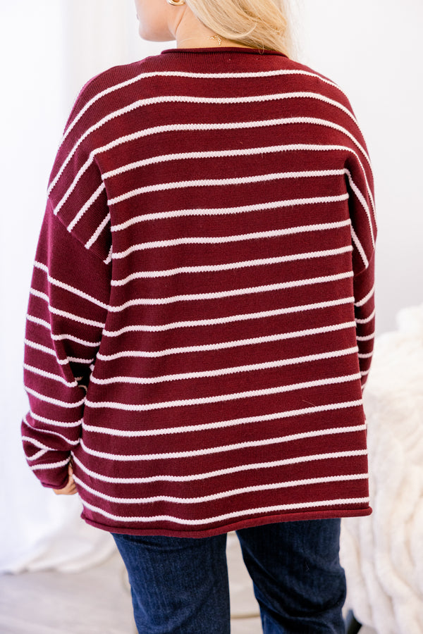 Chic Soul plus size clothing, burgundy long sleeve crew neck sweater with thin white horizontal stripes