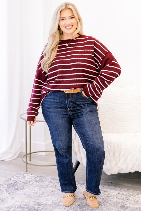 Chic Soul plus size clothing, burgundy long sleeve crew neck sweater with thin white horizontal stripes