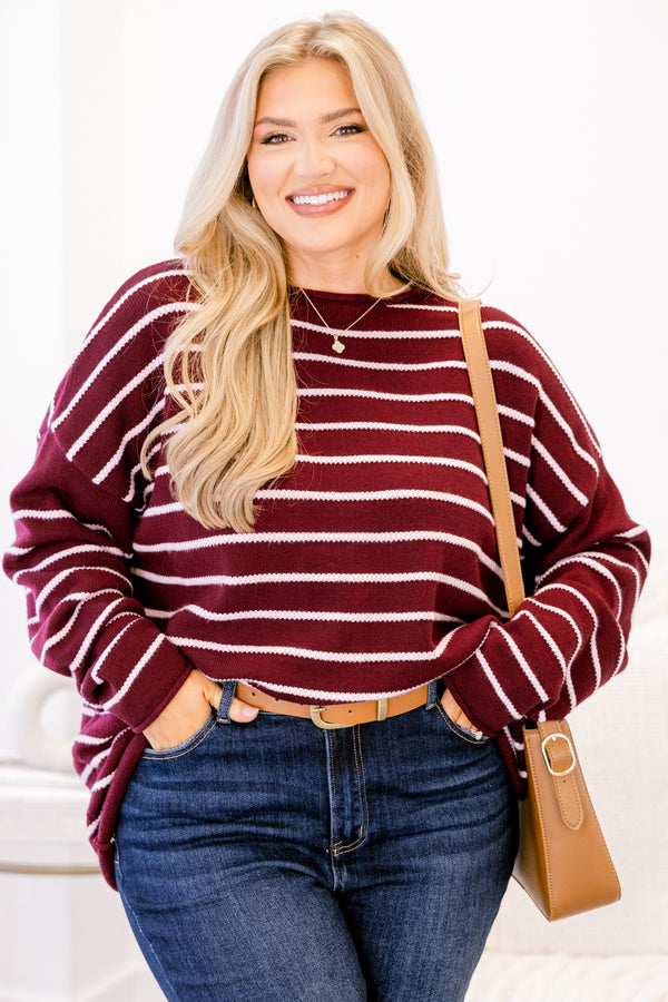 Chic Soul plus size clothing, burgundy long sleeve crew neck sweater with thin white horizontal stripes